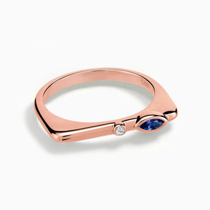 18KT Rose Gold Vermeil Marquise Blue Sapphire Puzzle Stacking Ring - Minimal Glow Front View