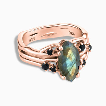 18KT Rose Gold Vermeil Marquise Labradorite Black Onyx Branch-Like Ring - Regal Gleam Front View