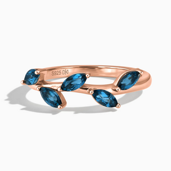 18KT Rose Gold Vermeil Marquise London Blue Topaz Leaf Ring - Secret Garden Front View