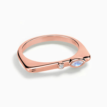 18KT Rose Gold Vermeil Marquise Moonstone Puzzle Stacking Ring - Minimal Glow Front View