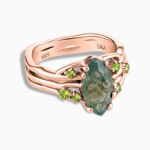 18KT Rose Gold Vermeil Marquise Moss Agate Peridot Branch-Like Ring - Regal Gleam Front View
