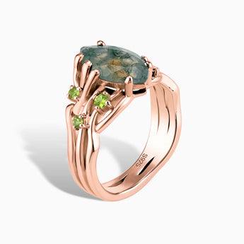 18KT Rose Gold Vermeil Marquise Moss Agate Peridot Branch-Like Ring - Regal Gleam Side View