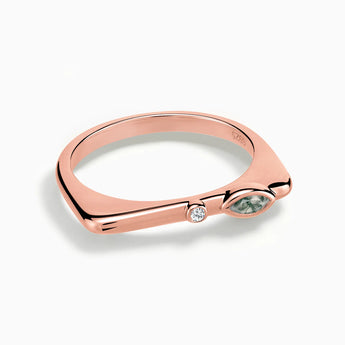 18KT Rose Gold Vermeil Marquise Moss Agate Puzzle Stacking Ring - Minimal Glow Front View