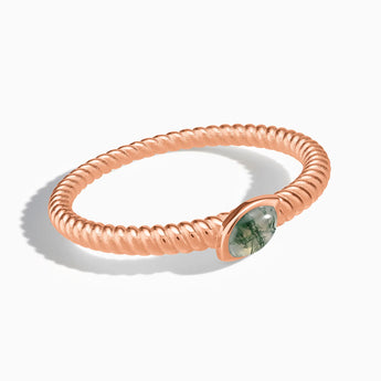 18KT Rose Gold Vermeil Marquise Moss Agate Twisted Ring - Spiral Spectrum Front View