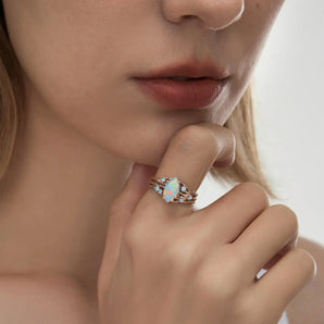 18KT Rose Gold Vermeil Marquise Opal Moonstone Branch-Like Ring - Regal Gleam Worn View