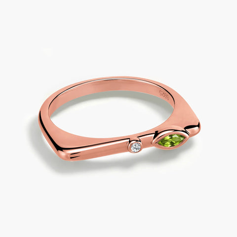 18KT Rose Gold Vermeil Marquise Peridot Puzzle Stacking Ring - Minimal Glow Front View