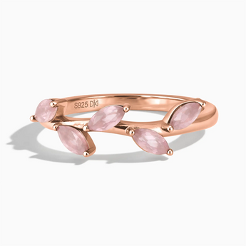 18KT Rose Gold Vermeil Marquise Rose Quartz Leaf Ring - Secret Garden Front View