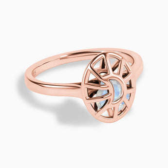 18KT Rose Gold Vermeil Moonstone Crescent Moon Hollow Oval Shaker Ring - Soul Cage Angled Front View