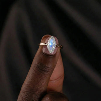 18KT Rose Gold Vermeil Moonstone Marquise Ring - Silent Glow Hand-Held Shot