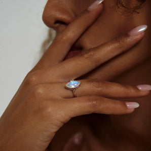 18KT Rose Gold Vermeil Moonstone Marquise Ring - Silent Glow Model Shot