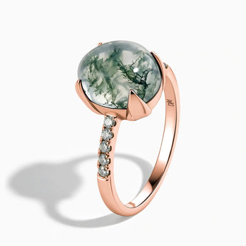 18KT Rose Gold Vermeil Moss Agate Cabochon Ring - Minimal Spiritual Side View