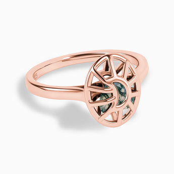 18KT Rose Gold Vermeil Moss Agate Crescent Moon Hollow Oval Shaker Ring - Soul Cage Angled Front View