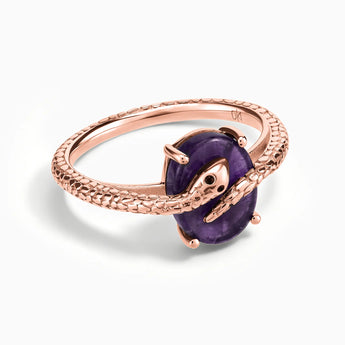 18KT Rose Gold Vermeil Oval Amethyst Wrap Serpent Ring - Coiled Sanctum Front View