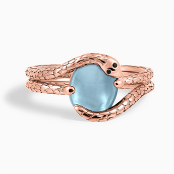 18KT Rose Gold Vermeil Oval Aquamarine Coil Ring - Serpent's Embrace Front View