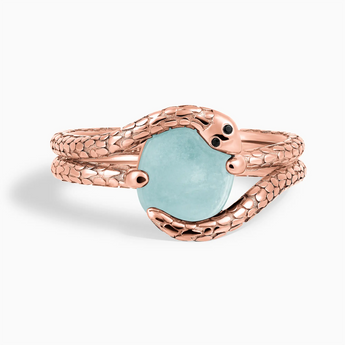 18KT Rose Gold Vermeil Oval Aquamarine Coil Ring - Serpent's Embrace Front View