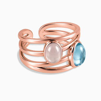 18KT Rose Gold Vermeil Oval Aquamarine & Rose Quartz Ring - Echo of Balance Front View