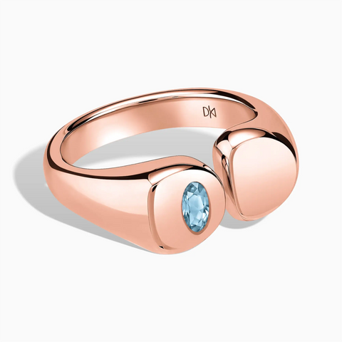 18KT Rose Gold Vermeil Oval Aquamarine Signet Ring - Close at Hand Front View