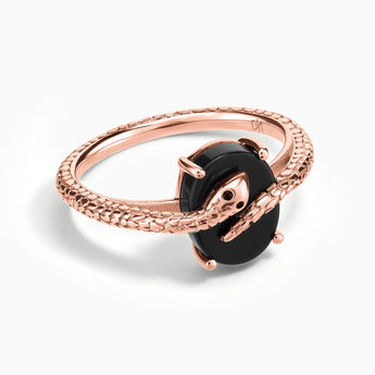 18KT Rose Gold Vermeil Oval Black Onyx Wrap Serpent Ring - Coiled Sanctum Front View