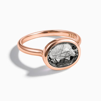 18KT Rose Gold Vermeil Oval Black Rutilated Quartz Bezel Ring - Contour Front View