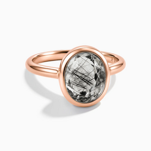 18KT Rose Gold Vermeil Oval Black Rutilated Quartz Bezel Ring - Harmony Front View