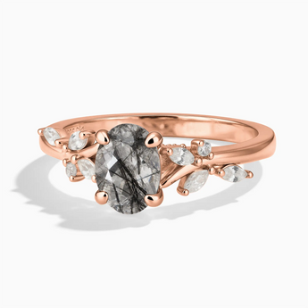 18KT Rose Gold Vermeil Oval Black Rutilated Quartz Branch-Like Ring - Sylvan Charm Front View