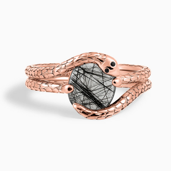 18KT Rose Gold Vermeil Oval Black Rutilated Quartz Coil Ring - Serpent's Embrace Front View