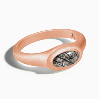 18KT Rose Gold Vermeil Oval Black Rutilated Quartz Sandblasted Ring - The Horizon Front View