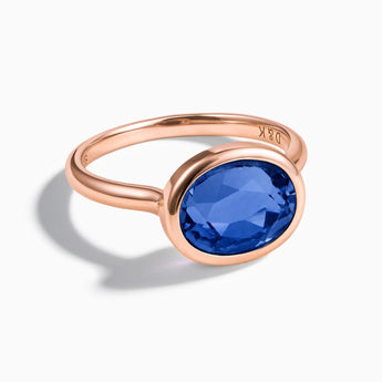 18KT Rose Gold Vermeil Oval Blue Sapphire Bezel Ring - Contour Front View