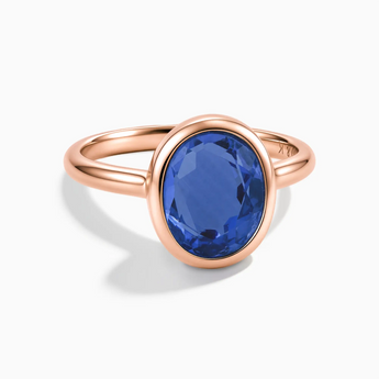 18KT Rose Gold Vermeil Oval Blue Sapphire Bezel Ring - Harmony Front View