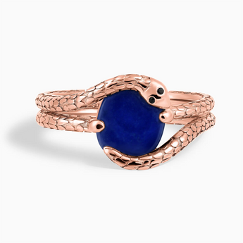 18KT Rose Gold Vermeil Oval Blue Sapphire Coil Ring - Serpent's Embrace Front View