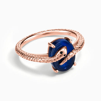 18KT Rose Gold Vermeil Oval Blue Sapphire Wrap Serpent Ring - Coiled Sanctum Front View