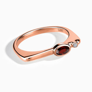 18KT Rose Gold Vermeil Oval Garnet Puzzle Stacking Ring - Minimal Form Front View