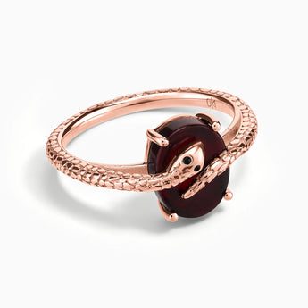 18KT Rose Gold Vermeil Oval Garnet Wrap Serpent Ring - Coiled Sanctum Front View