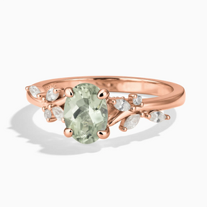 18KT Rose Gold Vermeil Oval Green Amethyst Branch-Like Ring - Sylvan Charm Front View