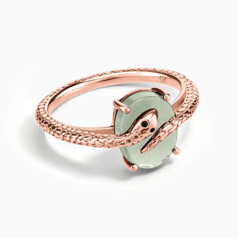 18KT Rose Gold Vermeil Oval Green Amethyst Wrap Serpent Ring - Coiled Sanctum Front View