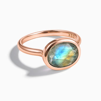 18KT Rose Gold Vermeil Oval Labradorite Bezel Ring - Contour Front View