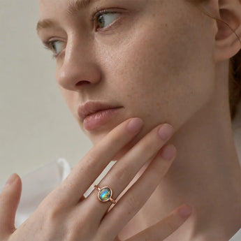 18KT Rose Gold Vermeil Oval Labradorite Bezel Ring - Harmony Model Shot