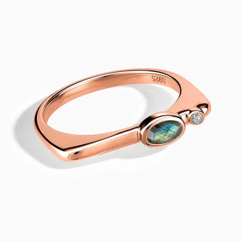 18KT Rose Gold Vermeil Oval Labradorite Puzzle Stacking Ring - Minimal Form Front View