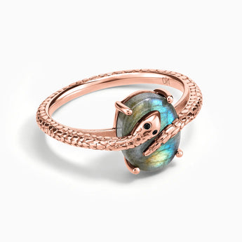 18KT Rose Gold Vermeil Oval Labradorite Wrap Serpent Ring - Coiled Sanctum Front View