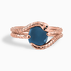 18KT Rose Gold Vermeil Oval London Blue Topaz Coil Ring - Serpent's Embrace Front View