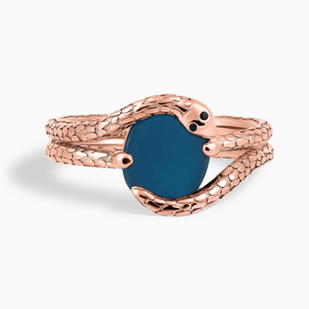 18KT Rose Gold Vermeil Oval London Blue Topaz Coil Ring - Serpent's Embrace Front View