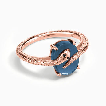 18KT Rose Gold Vermeil Oval London Blue Topaz Wrap Serpent Ring - Coiled Sanctum Front View