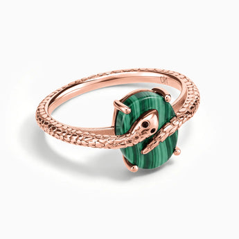 18KT Rose Gold Vermeil Oval Malachite Wrap Serpent Ring - Coiled Sanctum Front View