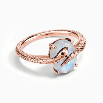 18KT Rose Gold Vermeil Oval Moonstone Wrap Serpent Ring - Coiled Sanctum Front View