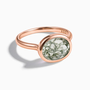 18KT Rose Gold Vermeil Oval Moss Agate Bezel Ring - Contour Front View