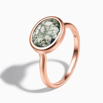 18KT Rose Gold Vermeil Oval Moss Agate Bezel Ring - Contour Side View