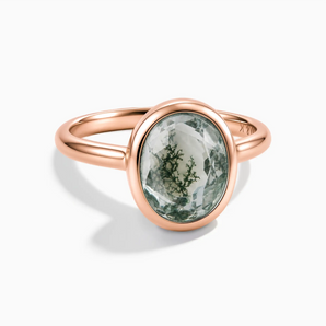 18KT Rose Gold Vermeil Oval Moss Agate Bezel Ring - Harmony Front View