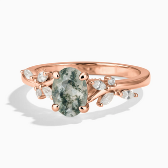 18KT Rose Gold Vermeil Oval Moss Agate Branch-Like Ring - Sylvan Charm Front View