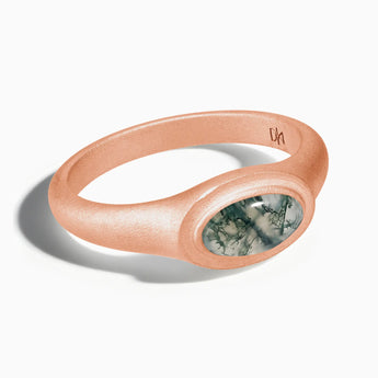18KT Rose Gold Vermeil Oval Moss Agate Sandblasted Ring - The Horizon Front View