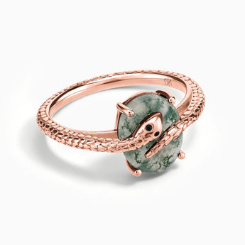 18KT Rose Gold Vermeil Oval Moss Agate Wrap Serpent Ring - Coiled Sanctum Front View